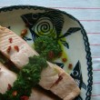 Thumbnail image for Wine-poached salmon + sorrel pesto